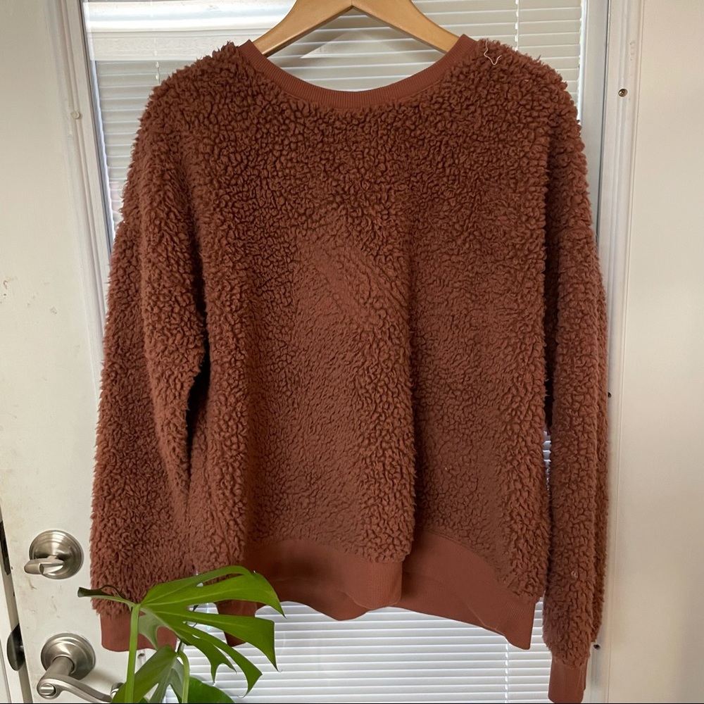 A New Day Sweater Sweatshirt L Large Shearling Sherpa Teddy Crew Neck Pink Fuzzy